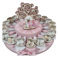TORTA BOMBONIERA femminuccia battesimo nascita con animaletti assortiti in conchiglia