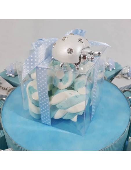 TORTA BOMBONIERE COCCINELLA portachiavi celeste bimbo SPEDIZIONE INCLUSA compleanno battesimo nascita