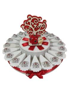 Torta Bomboniera porta confetti coccinelle argentate con fiori rossi