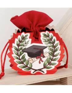 Sacchetto panna e rosso per laurea con fiocco in juta e applicazione in legno con tocco