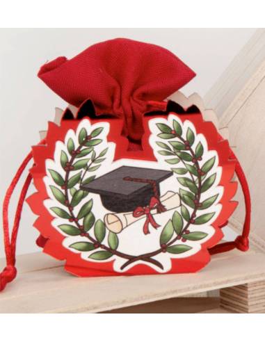 Sacchetto panna e rosso per laurea con fiocco in juta e applicazione in legno con tocco