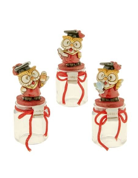 Barattoli portaconfetti laurea portachiavi gufetto tocco nero confetti rossi