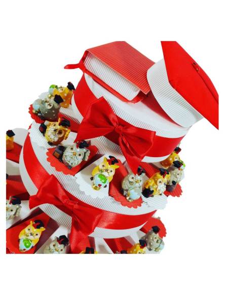 Torta con bomboniere laurea gufetti assortiti colorati