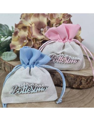 Sacchetti Battesimo con scritta in legno doppio colore