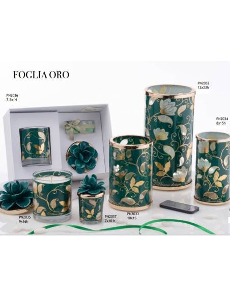 Candele bomboniere e lampade foglia oro verde Pienne