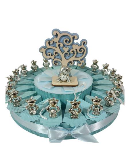 Bomboniere nascita orsetti argentati torta portaconfetti offerta