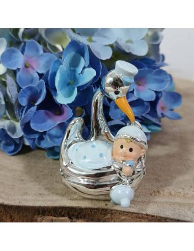 Bomboniere nascita a 0.50 centesimi cicogna azzurra e argentata a calamita