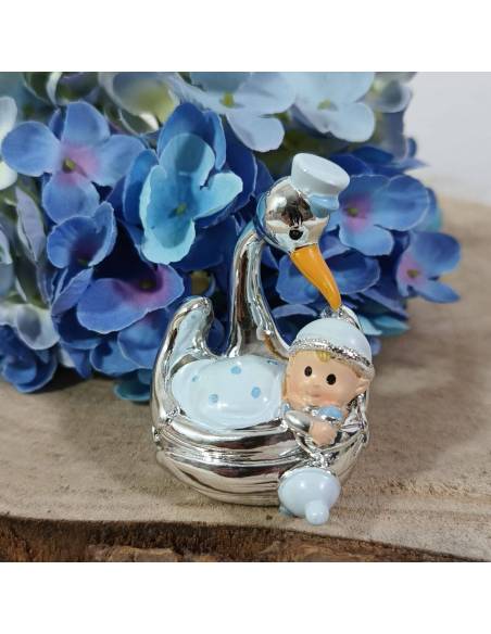 Bomboniere nascita a 0.50 centesimi cicogna azzurra e argentata a calamita