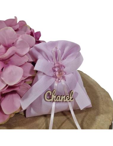 Sacchettino Battesimo femminuccia rigato con orsetto