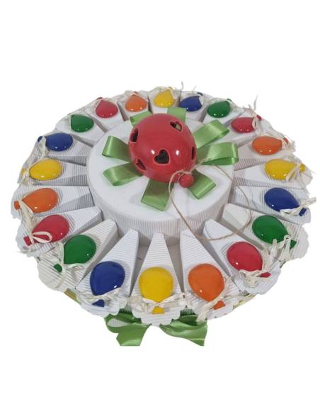 Bomboniere su torta di compleanno palloncini magneti colorati