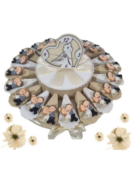Bomboniere a torta di matrimonio calamite con orologio sposi