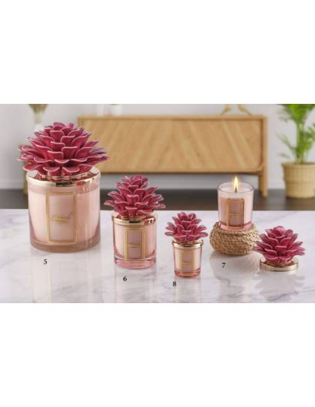 Candela profumata in vetro bomboniere Melaverde fiore ceramica fucsia