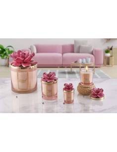 Candele Melaverde bomboniere in vetro con fiore in ceramica fucsia