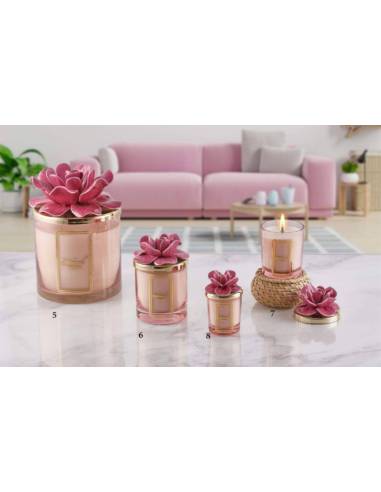 Candele Melaverde bomboniere in vetro con fiore in ceramica fucsia