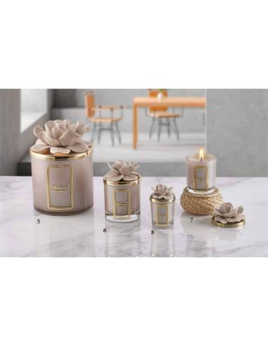 Bomboniere utili Melaverde candela profumata fiore in ceramica tortora