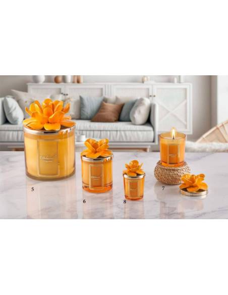 Candele profumate particolari Melaverde bomboniere fiore in ceramica arancione shop online