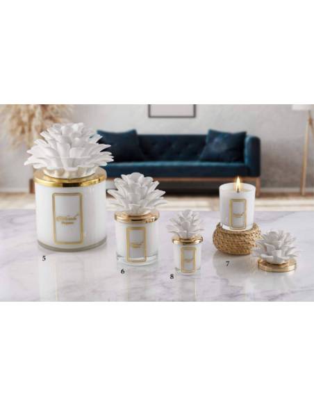 Candele profumate in vetro Melaverde bomboniere pianta fiore in ceramica bianca