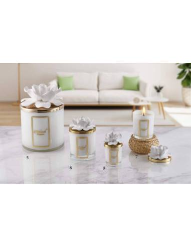 Bomboniere utili candele profumate Melaverde fiore in ceramica bianca