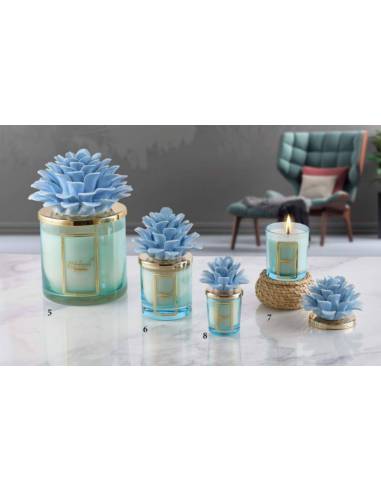 Candele profumate particolari Melaverde bomboniere fiore pianta in ceramica azzurra