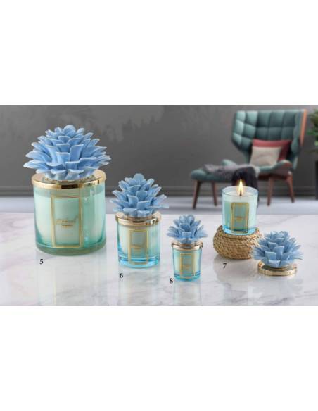 Candele profumate particolari Melaverde bomboniere fiore pianta in ceramica azzurra