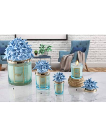 Bomboniere particolari candele profumate tema mare Melaverde conchiglie e stelle marine in ceramica azzurra