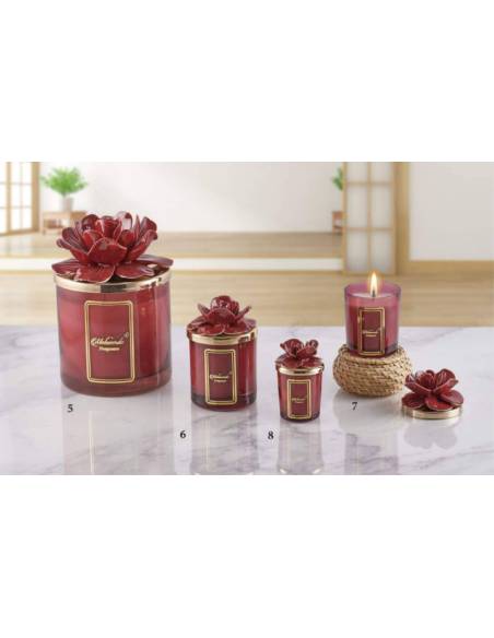 Bomboniere utili tema floreale candele profumate Melaverde fiore in ceramica bordeaux
