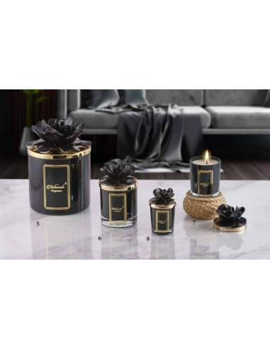 Melaverde bomboniere tema floreale candele profumate fiore in ceramica nera