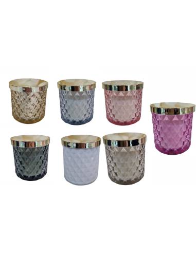 Candele bomboniere in vasetto di vetro lavorato con tappo metallo oro