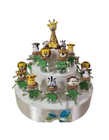 Torta bomboniera Battesimo savana vasetti portaconfetti