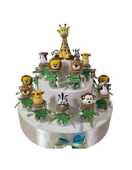 Torta bomboniera Battesimo savana vasetti portaconfetti
