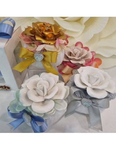 Bon bon bomboniere fiore in ceramica oro complete