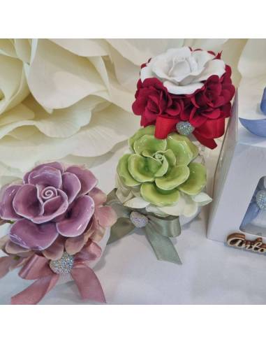 Bon bon bomboniere fiore in ceramica bianca complete