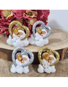 Bomboniere Harmony Battesimo sacra famiglia appoggio o calamite cuore glitter