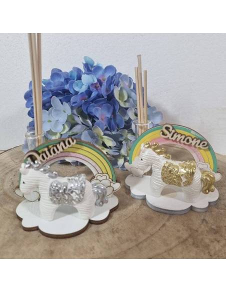 Profumatore ambiente bomboniere arcobaleno con cavalli nome personalizzato