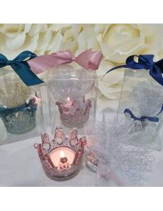 Bomboniere candele con porta candela corona in vetro