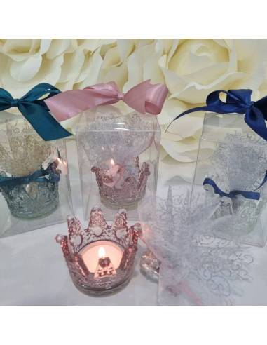 Bomboniere candele con porta candela corona in vetro