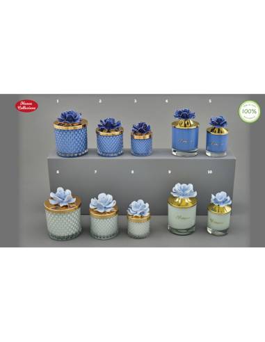 Bomboniere candele profumate Melograno eleganti in vetro fiore ceramica Made in Italy