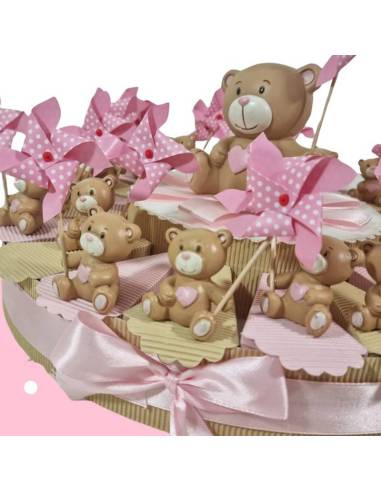 Torta bomboniere Battesimo bimba orsetti appoggio con girella