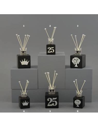 Diffusori per ambienti quadrati neri corone argentate con strass Melograno bomboniere