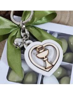 Portachiavi bomboniere Comunione cuore calice legno