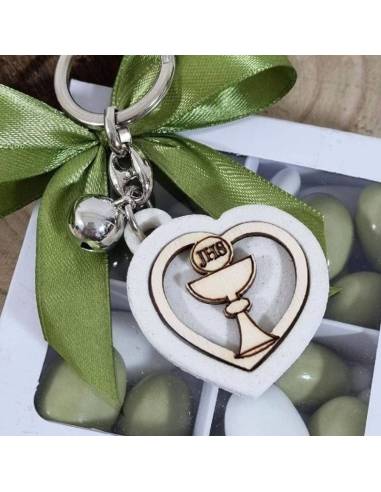 Portachiavi bomboniere Comunione cuore calice legno