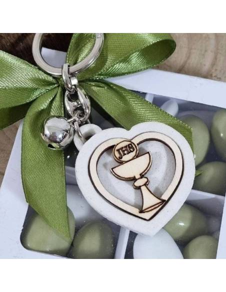 Portachiavi bomboniere Comunione cuore calice legno