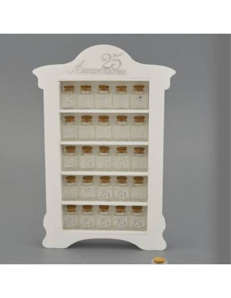 Barattoli portaconfetti 25 anniversario in mobiletto bianco Melograno