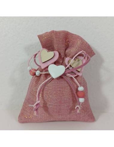 Sacchetto portaconfetti battesimo cuoricini in legno