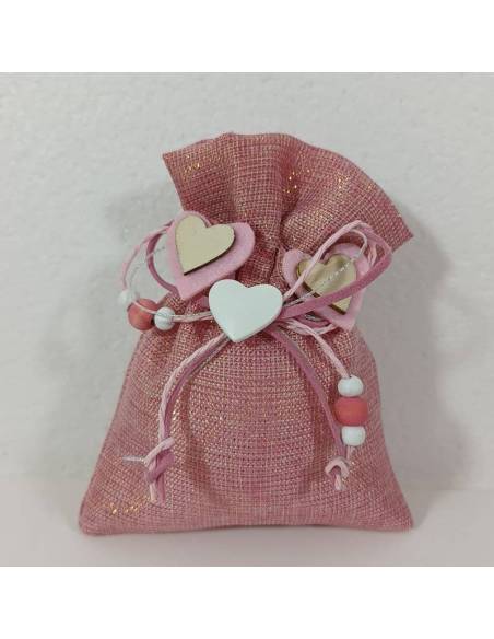 Sacchetto portaconfetti battesimo cuoricini in legno