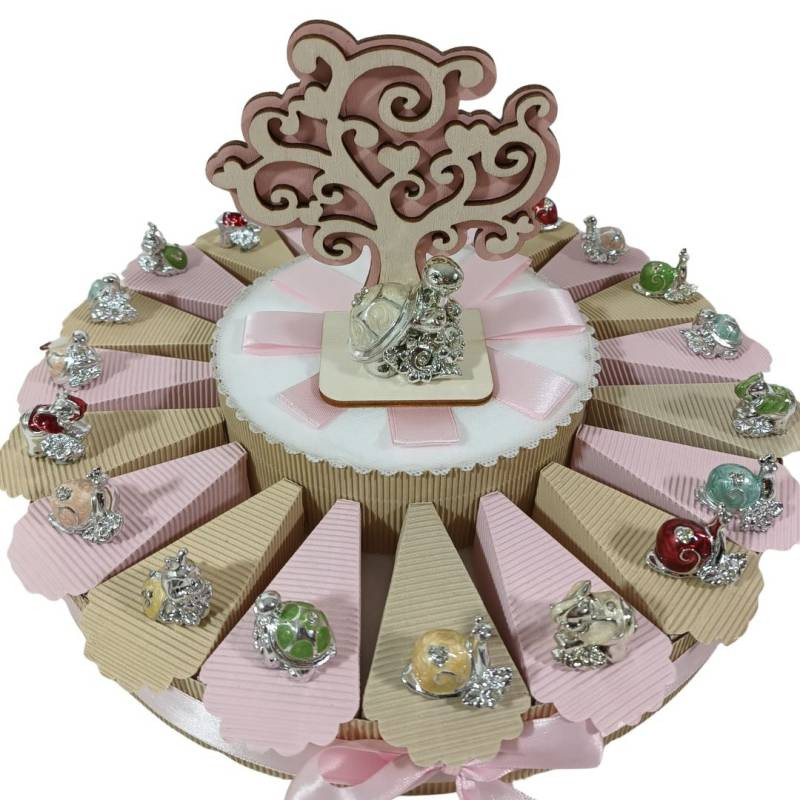 Torta di bomboniere nascita bimba animaletti argentati