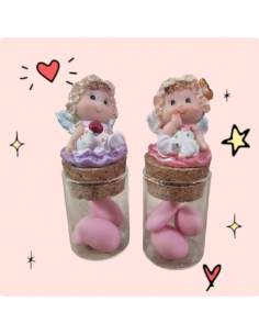 Bomboniere statuette fatine comunione battesimo con provetta e 3 confetti rosa