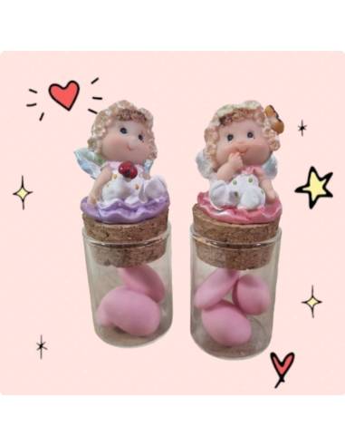 Bomboniere statuette fatine comunione battesimo con provetta e 3 confetti rosa