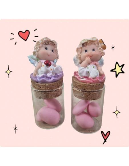 Bomboniere statuette fatine comunione battesimo con provetta e 3 confetti rosa