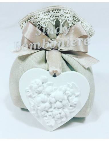BOMBONIERA CONFEZIONATA SACCHETTO CUORE CHIC NASTRO CONFETTI CRESIMA COMUNIONE